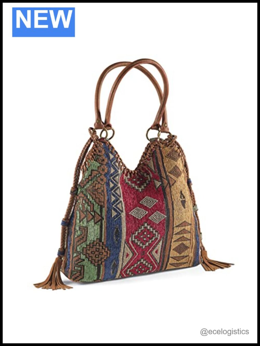 Tapestry Hobo Shoulder Bag Slouchy Purse with Faux Leather Trim and Tassels